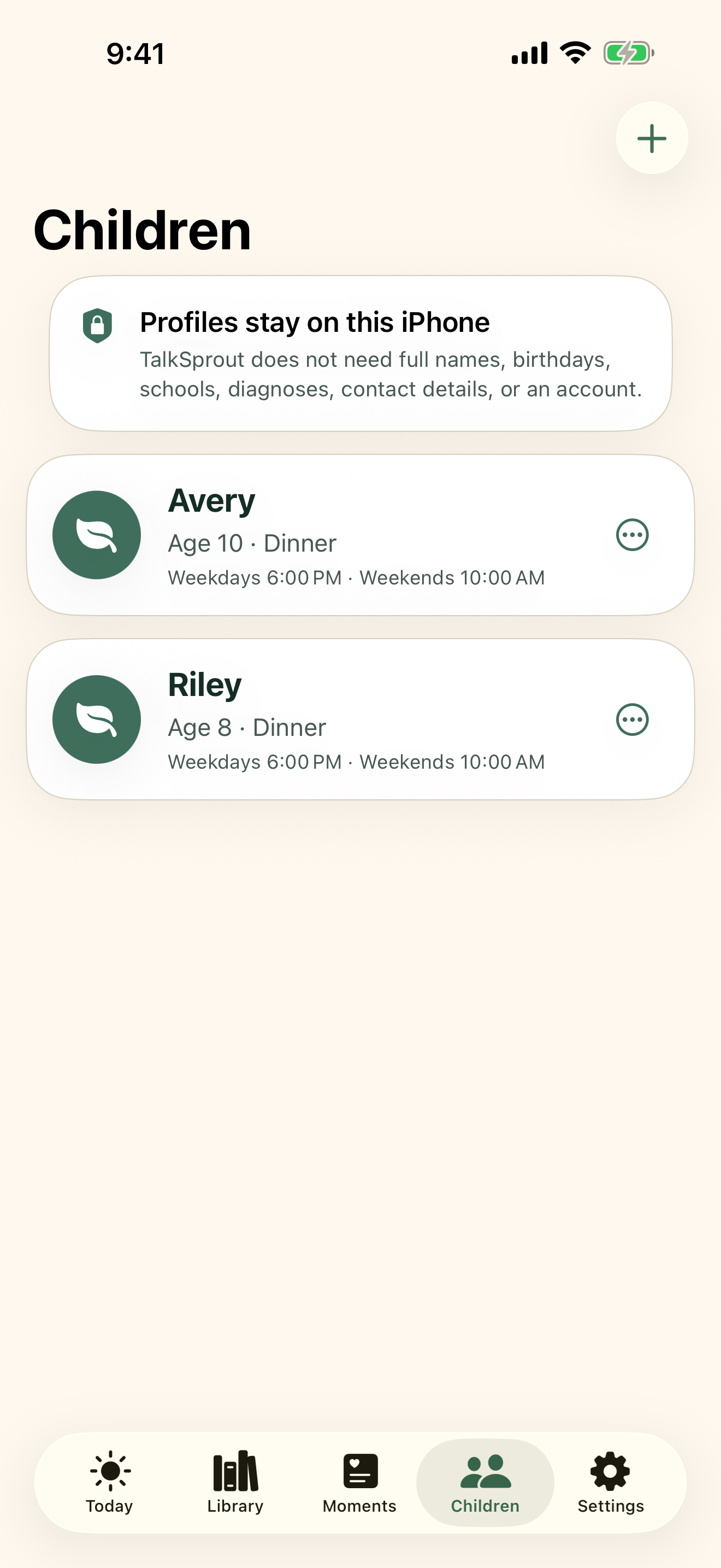 TalkSprout Children screen showing two fictional local profiles and a privacy reminder