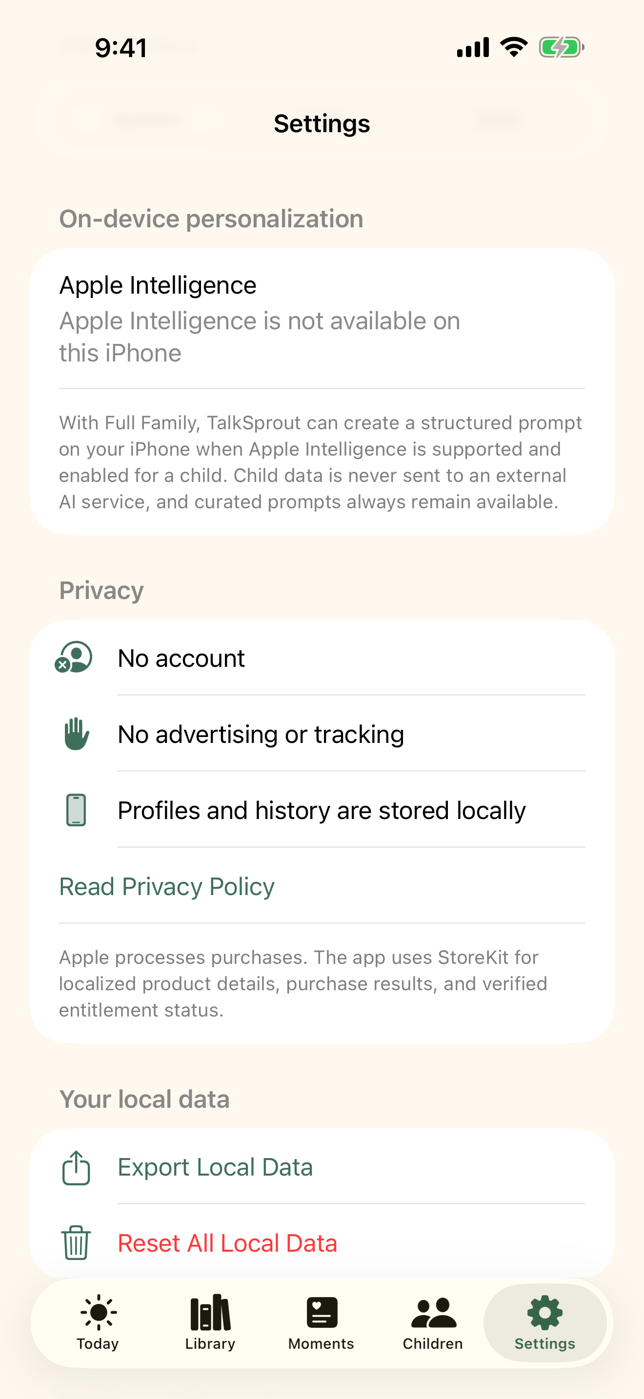 TalkSprout Settings screen showing Apple Intelligence unavailable on the captured device and local privacy controls