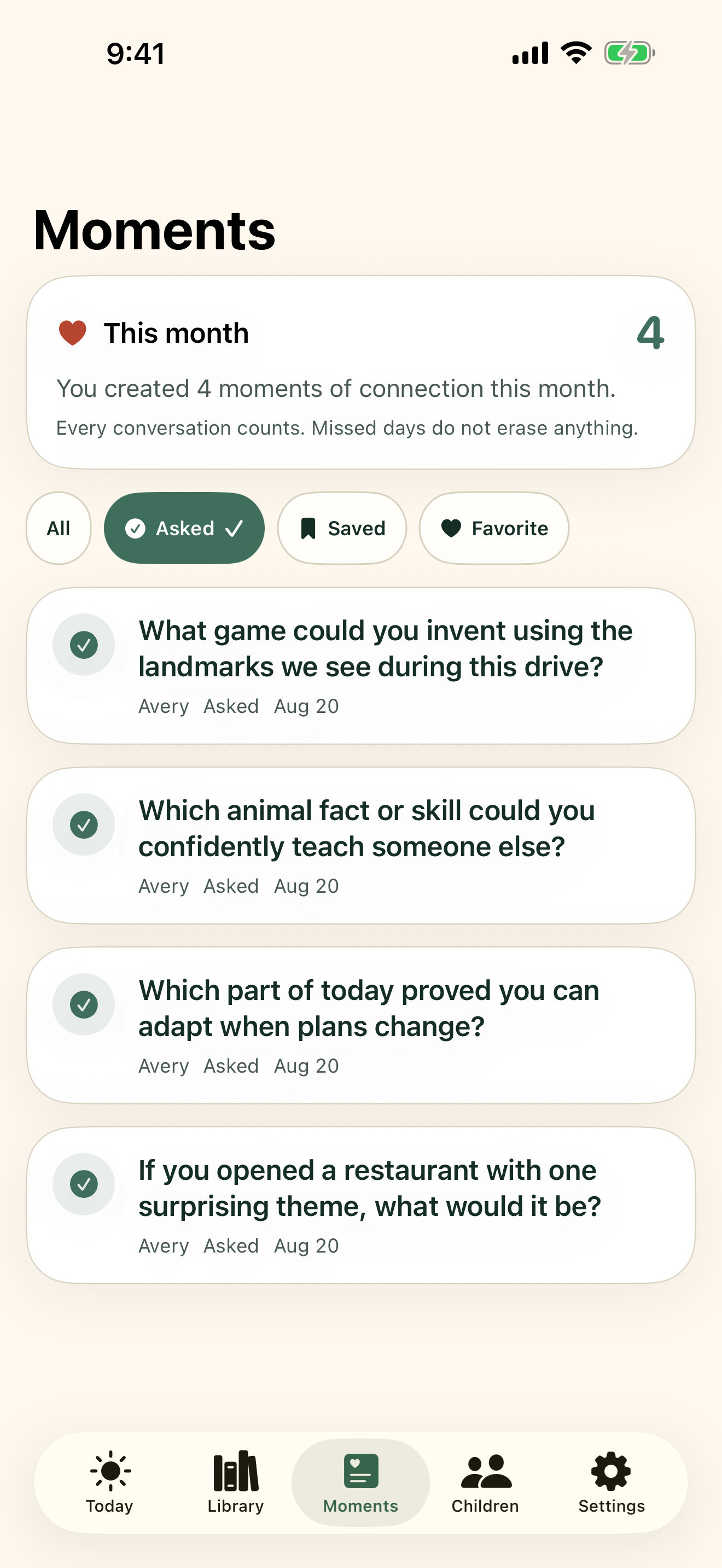 TalkSprout Moments screen showing fictional asked questions stored privately on the iPhone