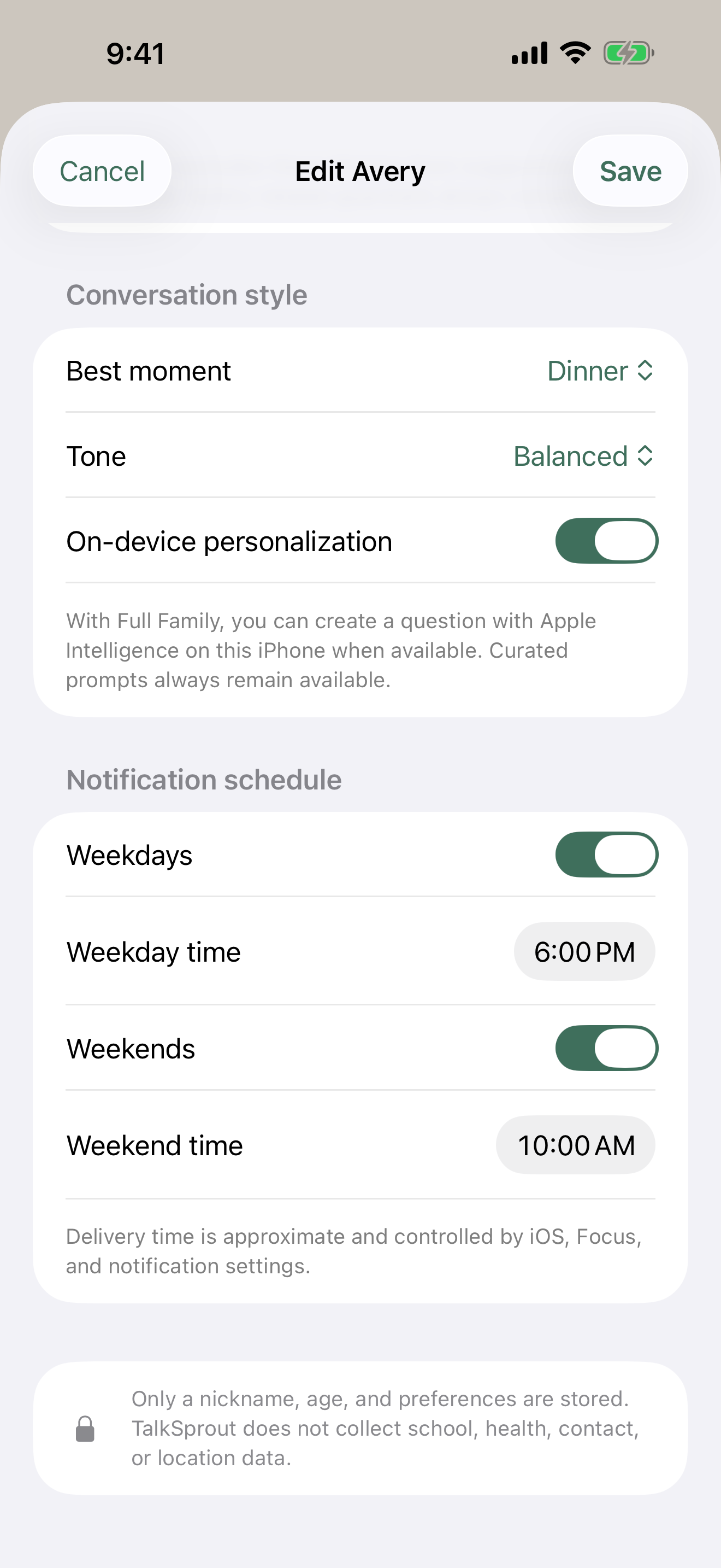 TalkSprout profile editor showing dinner timing, balanced tone, personalization, and separate weekday and weekend schedules