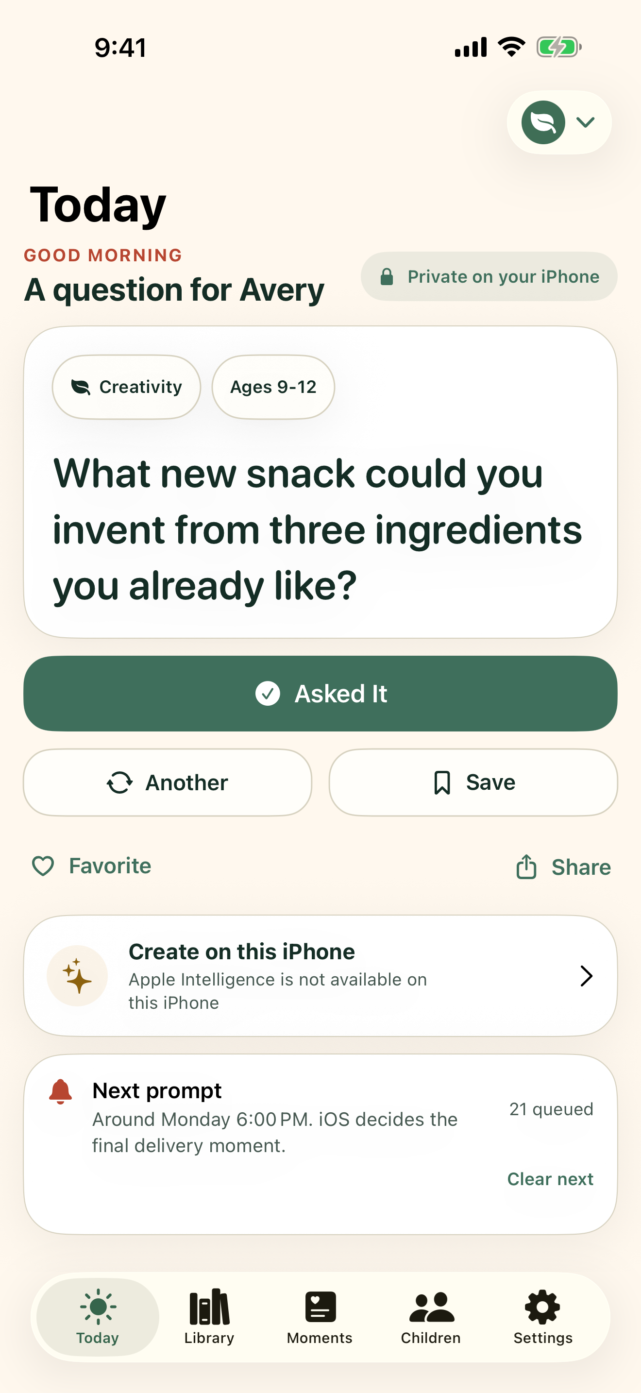 TalkSprout Today screen showing an age-matched conversation question for Avery